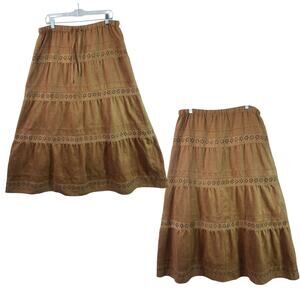 Laura Ashley Brown Faux Suede Floral Cut Out Trim Lined Tiered BOHO Maxi Skirt 8